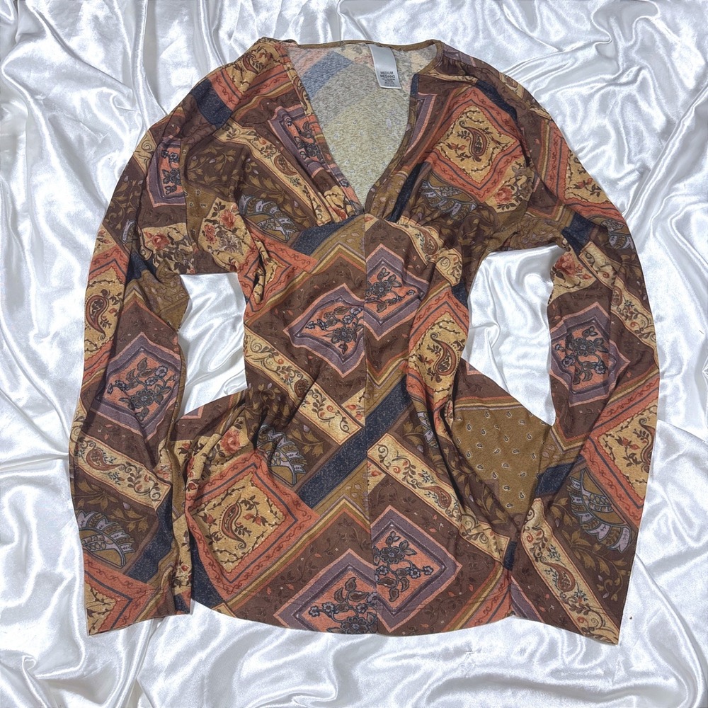 y2k Top Brown Excellent Vintage Patchwork Paisley V-Neck Empire Waist Blouse